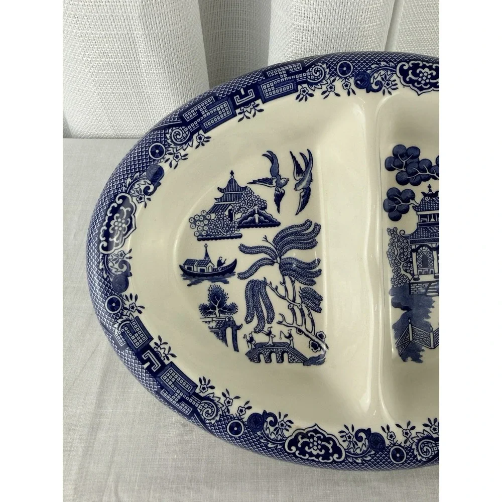 Vintage Churchill Blue Willow Oval Divided Vegetable Dish England 9 7/8